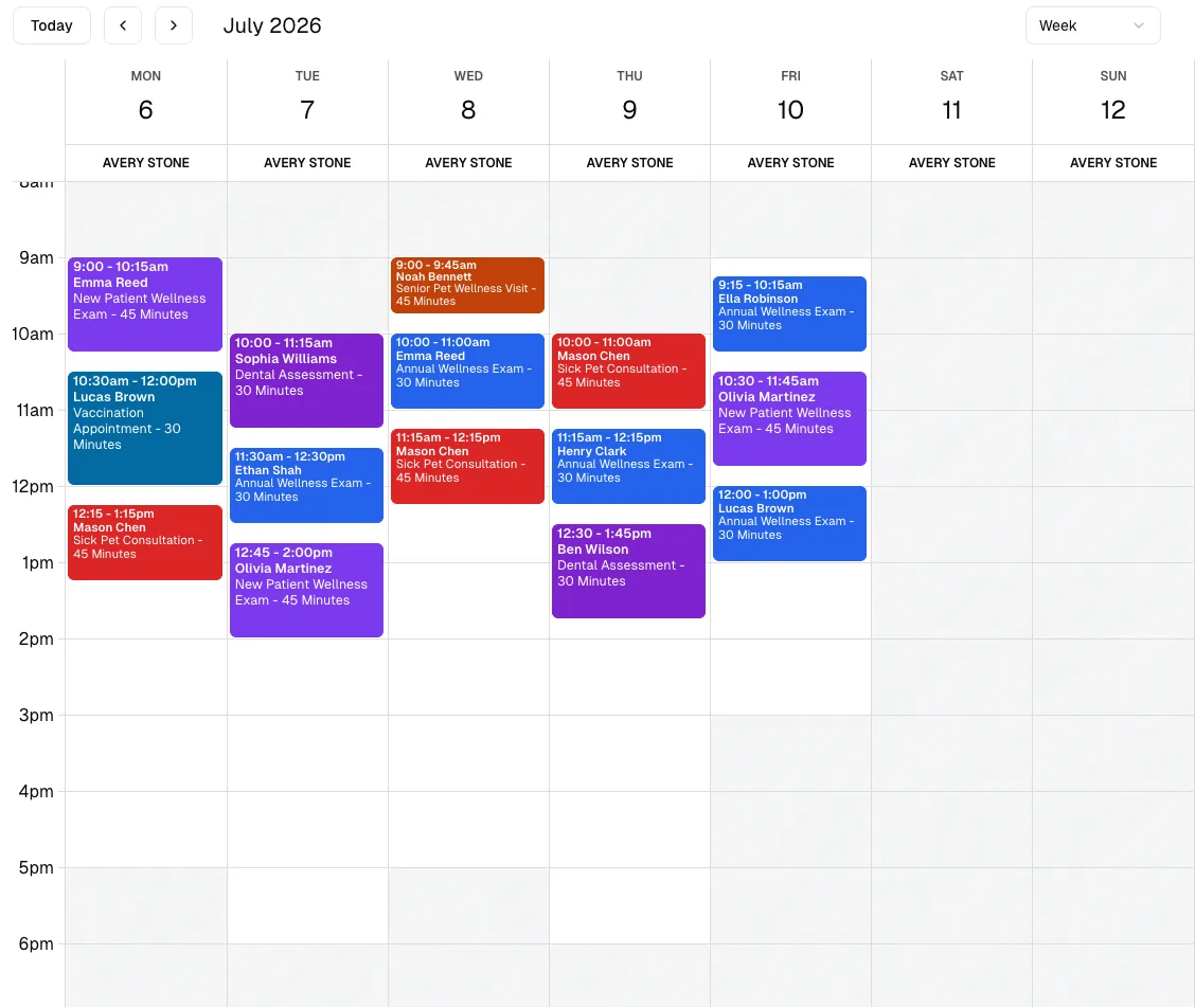 Pet Grooming software showing calendar.