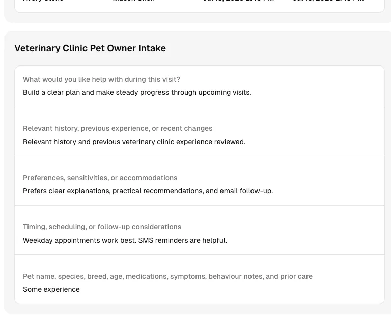Pet Grooming software showing form.