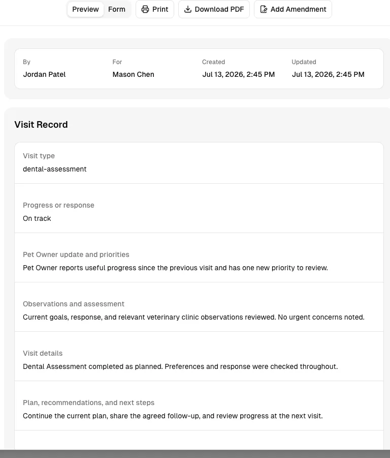 Pet Grooming software showing record.