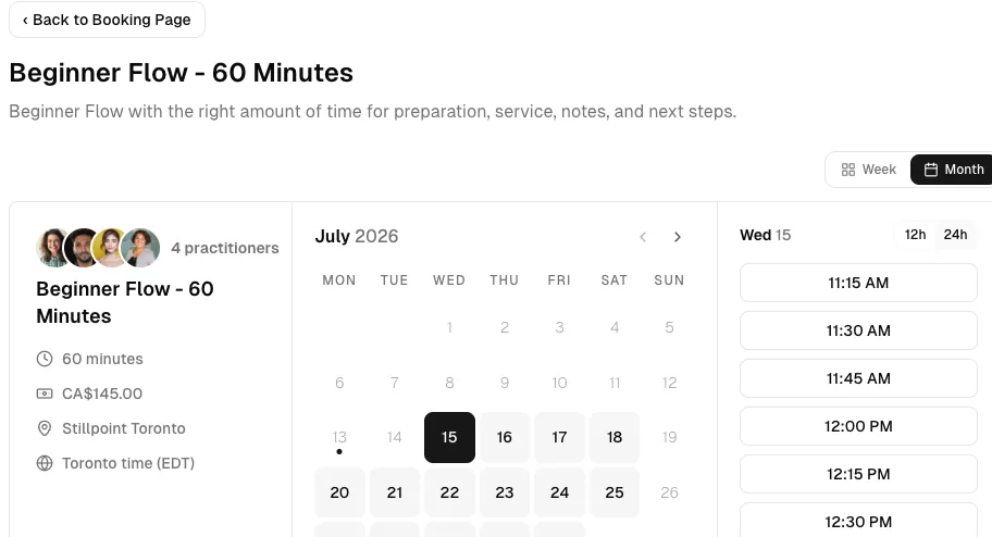 Yoga Studio software showing booking month.