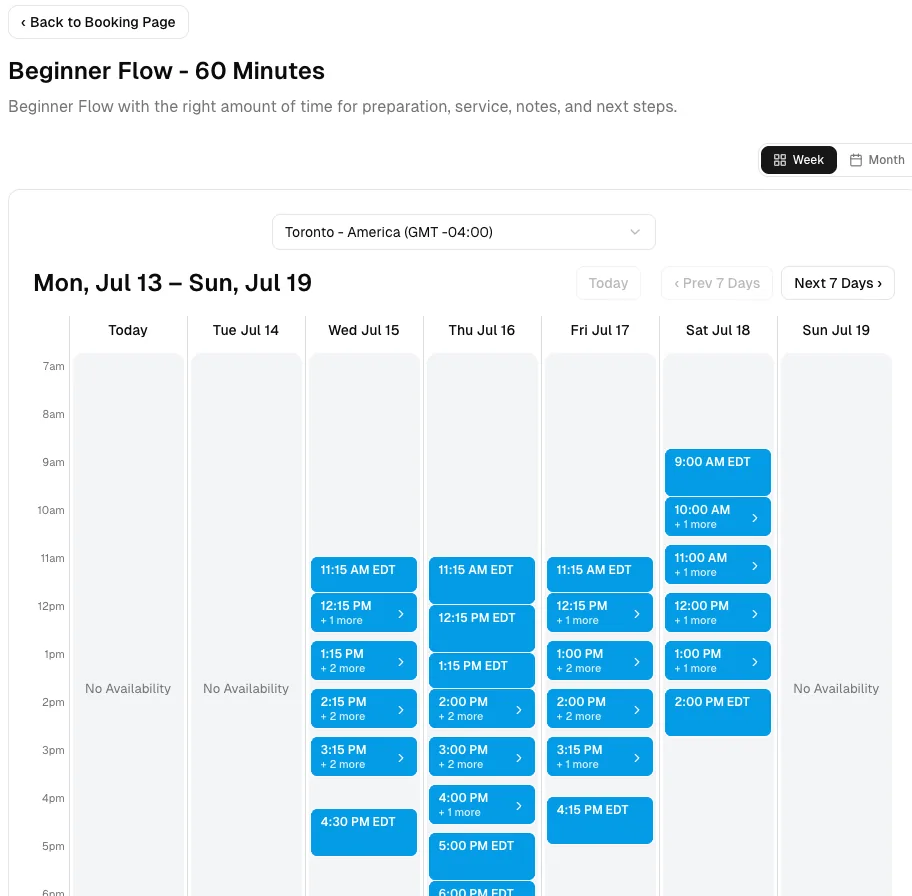 Yoga Studio software showing booking week.