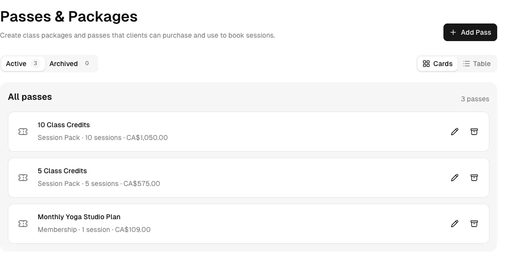 Yoga Studio software showing packages.