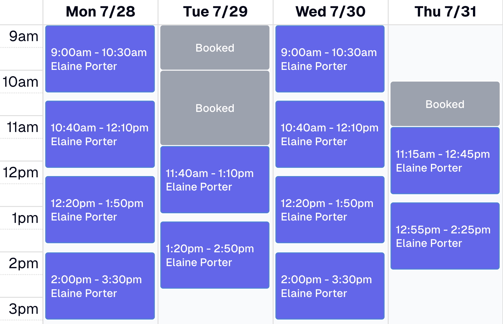 Online booking interface showing calendar with available time slots