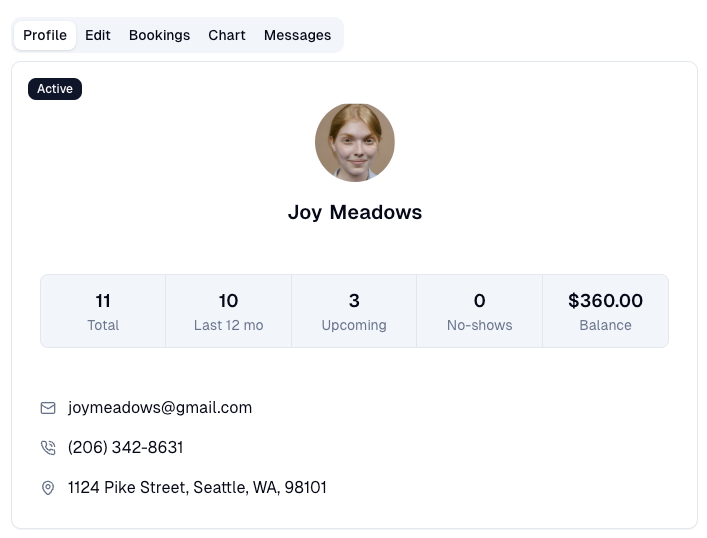 Client profile page showing Joy Meadows with contact information and booking statistics