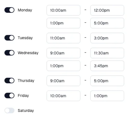 Weekly availability settings with separate working periods for each day.