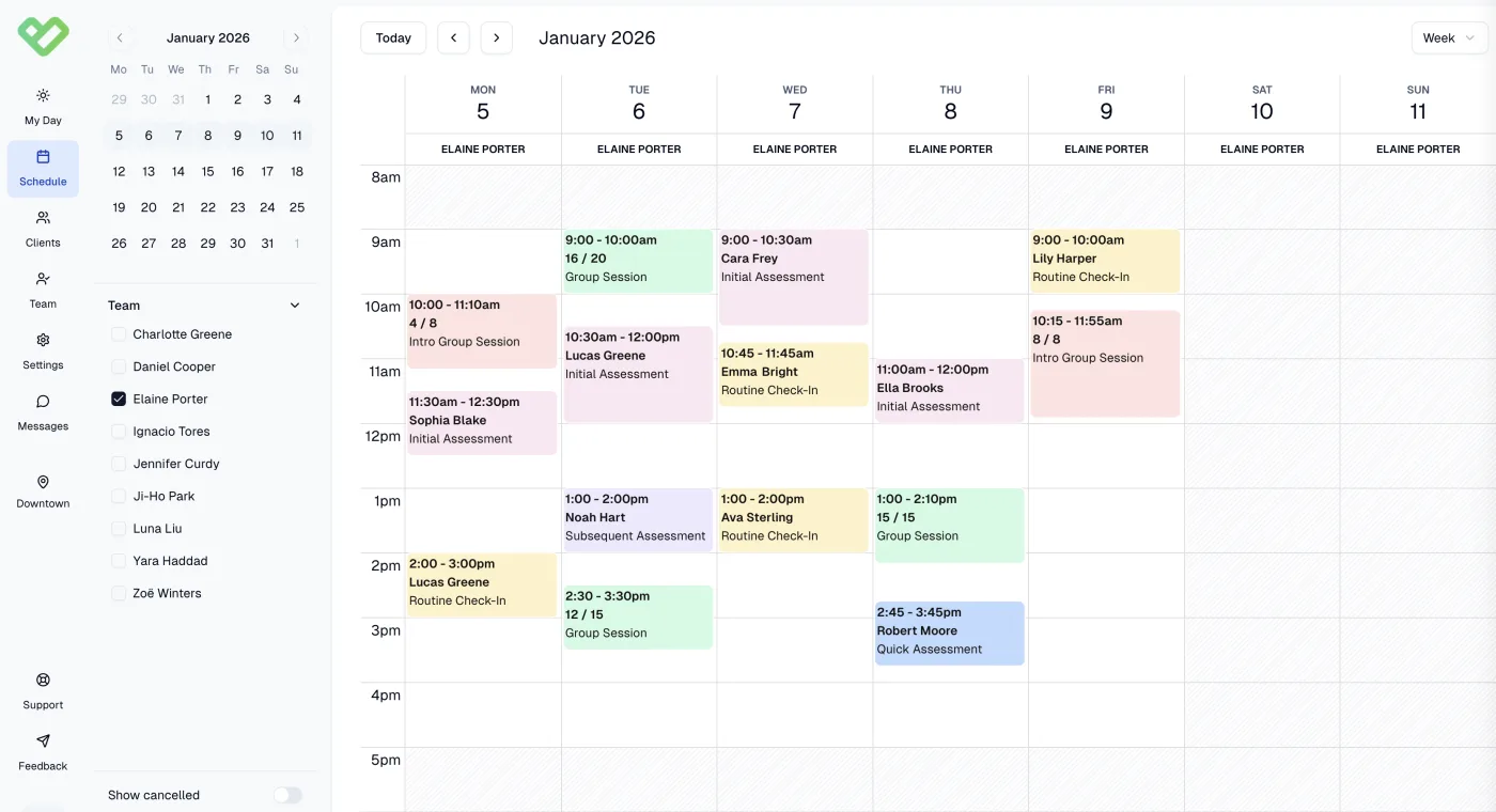 Bookify weekly calendar with color-coded appointments, availability, and team filters.