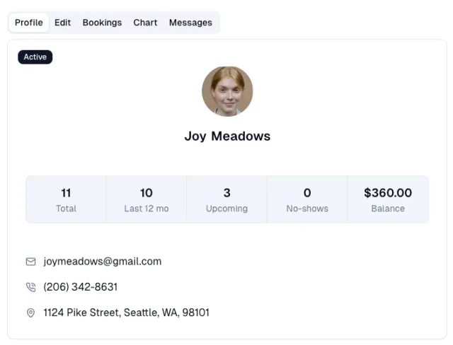 Bookify client profile with contact details, appointment history, upcoming bookings, and balance.