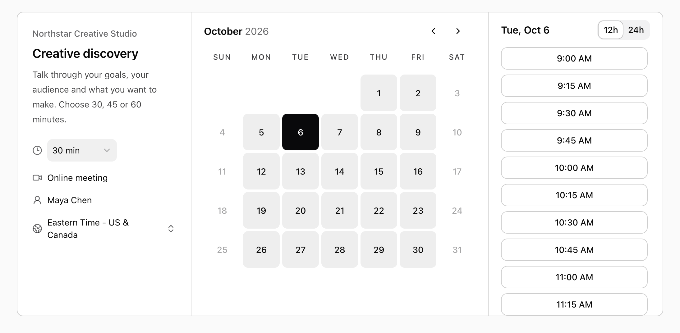 Bookify Meetings booking calendar with an available date selected and meeting times ready to choose.
